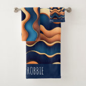 Golden Wave Blauwe Waterverf Abstract Patroon Bad Handdoek (Insitu)