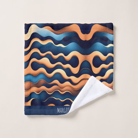 Golden Wave Blauwe Waterverf Abstract Patroon Bad Handdoek (Wasdoekje)