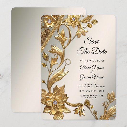 Golden Wavy Leaves Floral Save the Date (Voorkant / Achterkant)