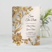 Golden Wavy Leaves Floral Save the Date (Staand voorkant)