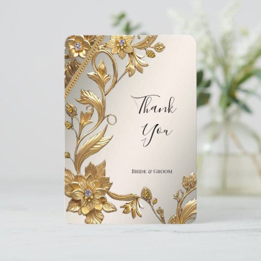 Golden Wavy Leaves Floral Thank You Card Bedankkaart (Staand voorkant)