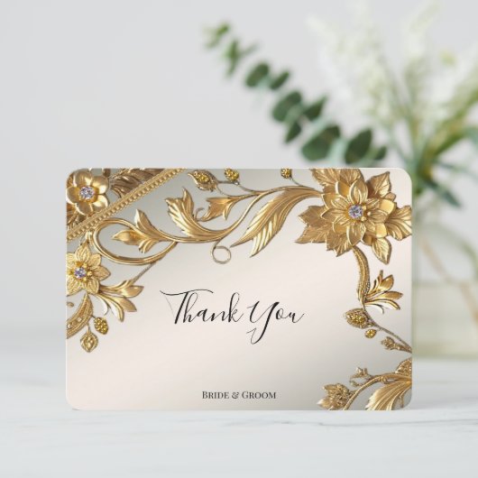 Golden Wavy Leaves Floral Thank You Card Bedankkaart (Staand voorkant)