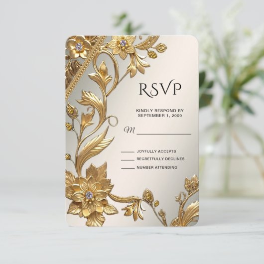 Golden Wavy verlaat Floral RSVP-kaart RSVP Kaartje (Staand voorkant)