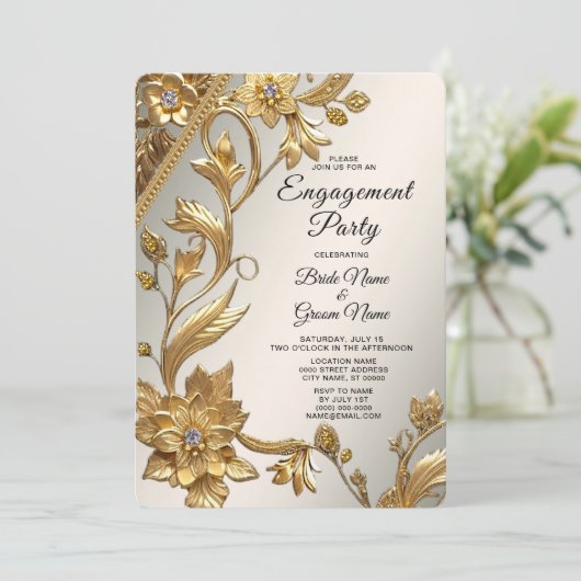 Golden Wavy verlaat Floral Verloving Invitation Kaart (Staand voorkant)