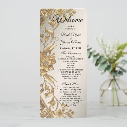 Golden Wavy verlaat Floral Wedding Program Programmakaart (Staand voorkant)