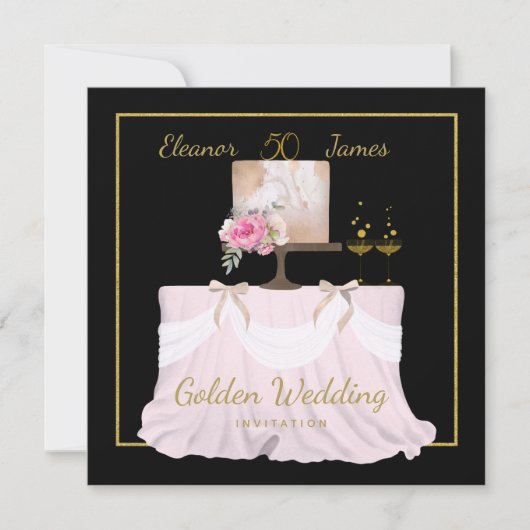 Golden Wedding 50 jaar Cake Names Black Gold Kaart (Voorkant)