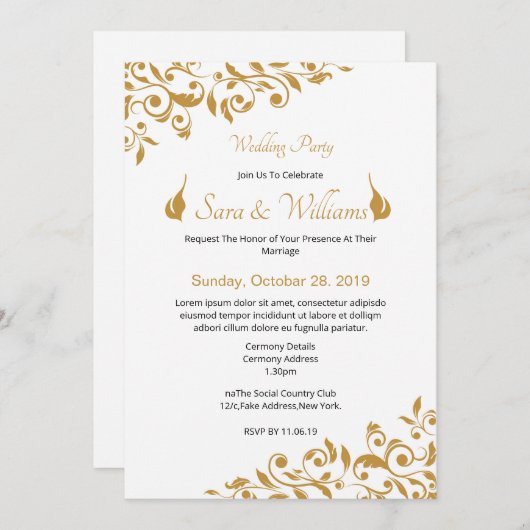 Golden Wedding Invitation Kaart (Voorkant / Achterkant)