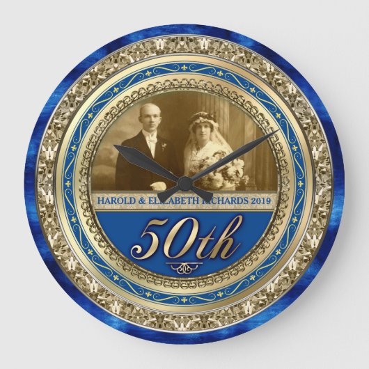 Golden Wedding Jubileum Foto Gold Royal Blue Grote Klok (Voorkant)