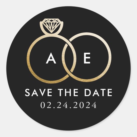 Golden Wedding Rings op Black Save the Date Ronde Sticker (Voorkant)
