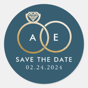 Golden Wedding Rings op Blue Save the Date Ronde Sticker
