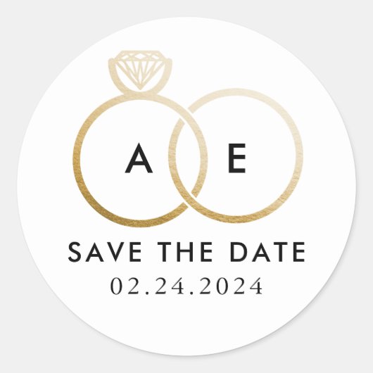 Golden Wedding Rings op White Save the Date Ronde Sticker (Voorkant)