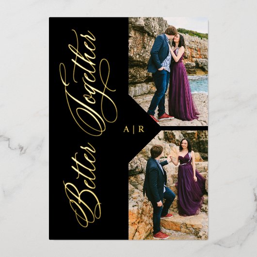 Golden Whimsical Luxury Modern 2 Photos Collage Folie Uitnodiging (Voorkant)