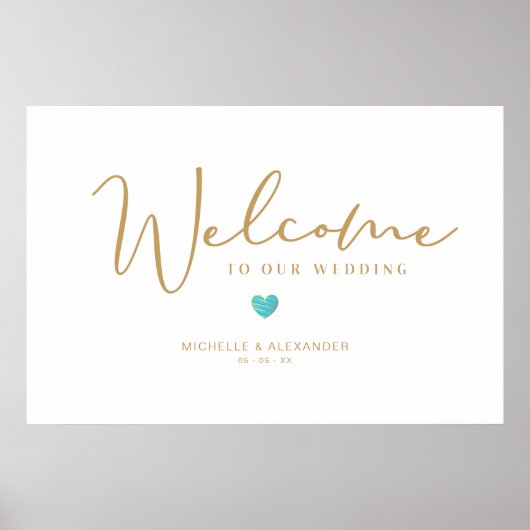 Golden Whimsical Welcome Wedding Turquoise Heart Poster (Voorkant)