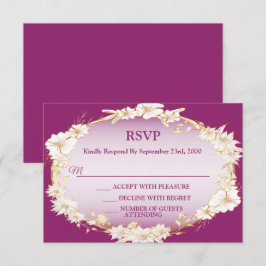 Golden White Floral Pink Geometric Rustic Wedding RSVP Kaartje