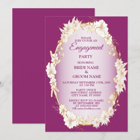 Golden White Floral Pink Rustic Engagement Party Kaart (Voorkant / Achterkant)