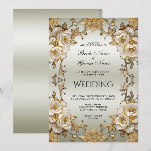 Golden  White Flowers Huwelijksuitnodiging Kaart (Voorkant / Achterkant)