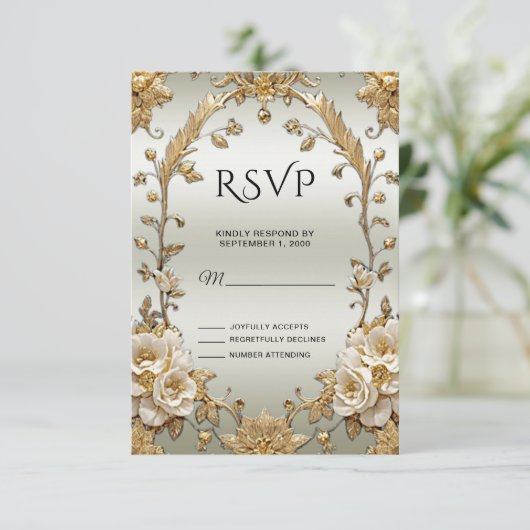 Golden  White Flowers RSVP-kaart RSVP Kaartje (Staand voorkant)