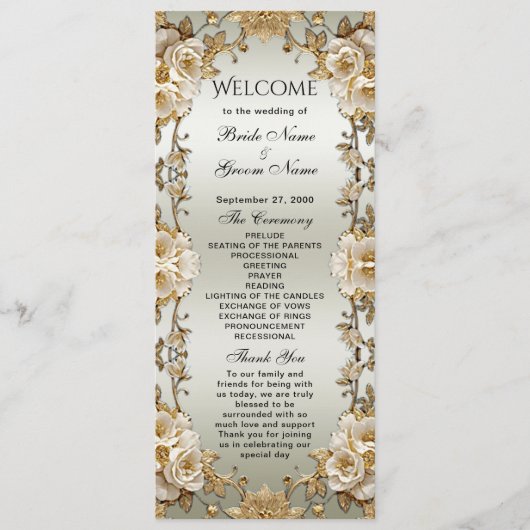 Golden White Flowers Wedding Program Programmakaart (Voorkant)