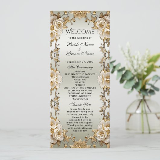 Golden  White Flowers Wedding Program Programmakaart (Staand voorkant)