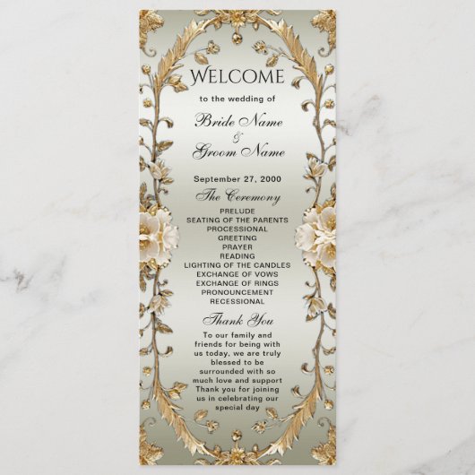 Golden  White Flowers Wedding Program Programmakaart (Voorkant)