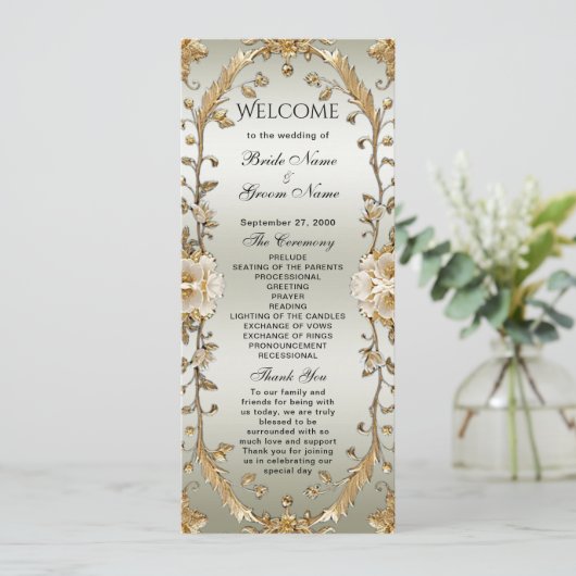Golden White Flowers Wedding Program Programmakaart (Staand voorkant)