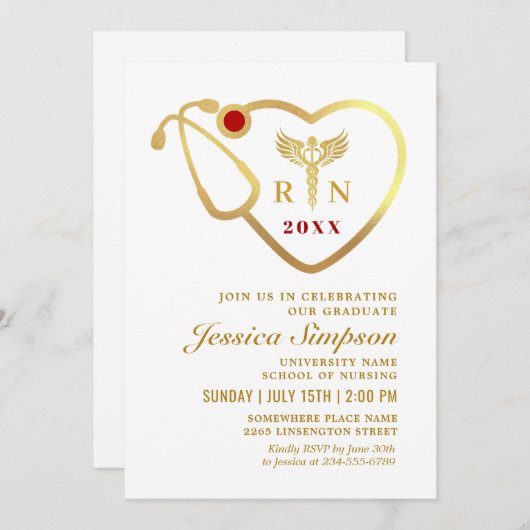Golden White Modern Nursing School Afstuderen Kaart (Voorkant / Achterkant)