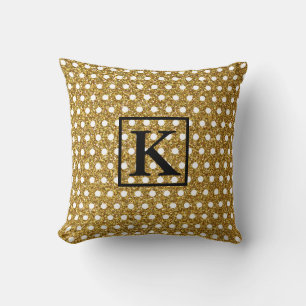Golden White Polka Dots Glittery Monogram Initiale Kussen