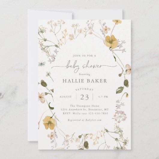 Golden Wildflower Baby shower Invitation Kaart (Voorkant)