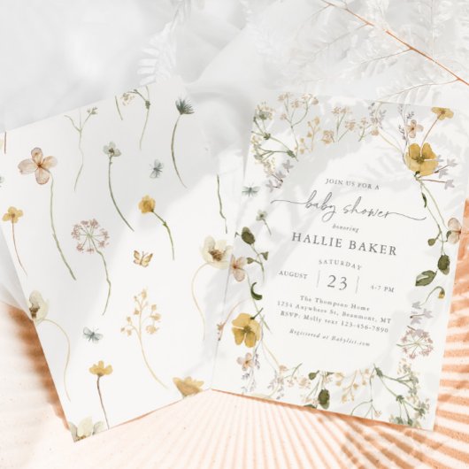 Golden Wildflower Baby shower Invitation Kaart