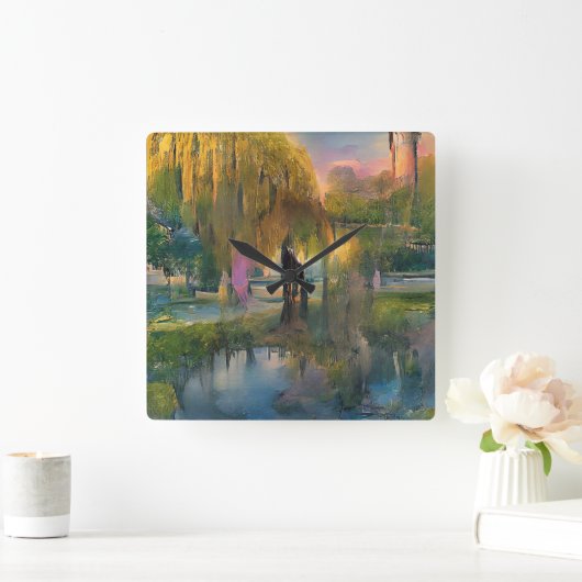 Golden Willow-boom op zonsondergang door de abstra Vierkante Klok (Huis)