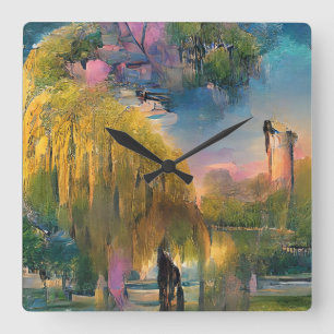 Golden Willow-boom op zonsondergang door de abstra Vierkante Klok