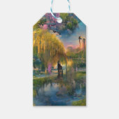 Golden Willow-boom op zonsondergang door de vijver Cadeaulabel (Voorkant)