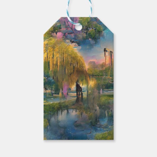 Golden Willow-boom op zonsondergang door de vijver Cadeaulabel (Voorkant)