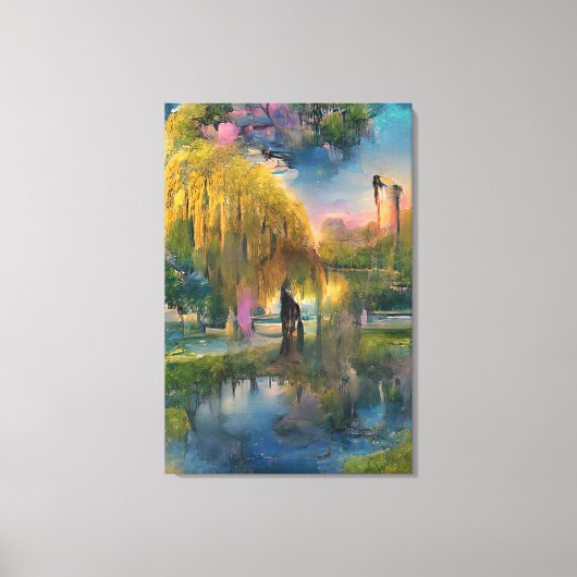 Golden Willow-boom op zonsondergang door de vijver Canvas Afdruk (Voorkant)