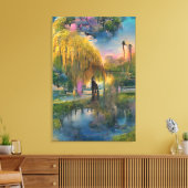 Golden Willow-boom op zonsondergang door de vijver Canvas Afdruk (Insitu (Woonkamer))