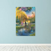 Golden Willow-boom op zonsondergang door de vijver Canvas Afdruk (Insitu (Houten vloer))