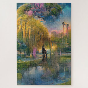 Golden Willow-boom op zonsondergang door de vijver Legpuzzel
