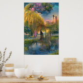 Golden Willow-boom op zonsondergang door de vijver Poster (Keuken)