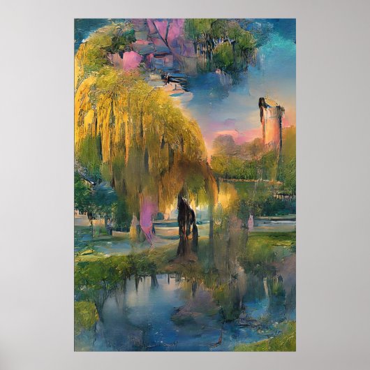 Golden Willow-boom op zonsondergang door de vijver Poster (Voorkant)