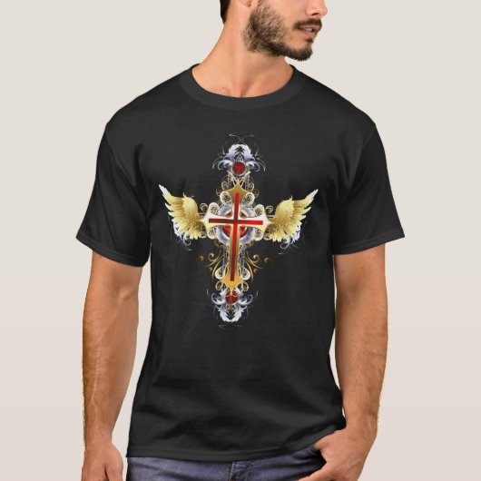 Golden Winged Dark Steel Cristian Cross T-Shirt (Voorkant)