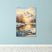 Golden Winter River Serenity – Oil Painting Canvas Afdruk (Insitu (Houten vloer))