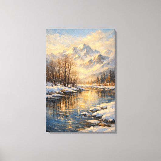 Golden Winter River Serenity – Oil Painting Canvas Afdruk (Voorkant)