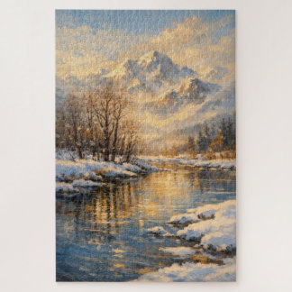 Golden Winter River Serenity – Oil Painting Puzzle Legpuzzel