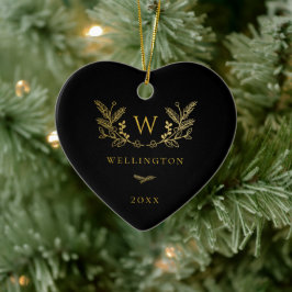 Golden Winter Sprigs Monogram Black Keramisch Ornament