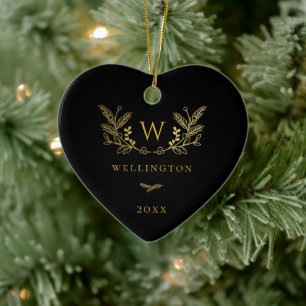 Golden Winter Sprigs Monogram Black Keramisch Ornament