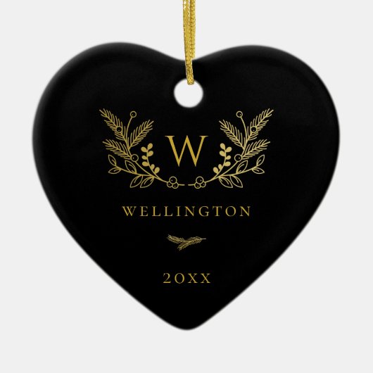 Golden Winter Sprigs Monogram Black Keramisch Ornament (Voorkant)