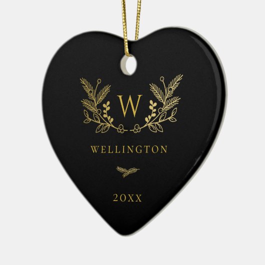 Golden Winter Sprigs Monogram Black Keramisch Ornament (Links)
