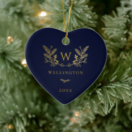Golden Winter Sprigs Monogram Blue Keramisch Ornament