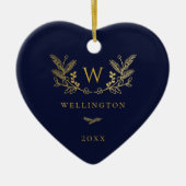 Golden Winter Sprigs Monogram Blue Keramisch Ornament (Voorkant)