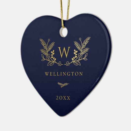 Golden Winter Sprigs Monogram Blue Keramisch Ornament (Links)